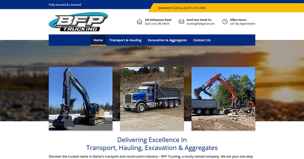 Maine Heavy Equipment Transports, Material Hauling, Trucking, BFP Trucking, Beach Front